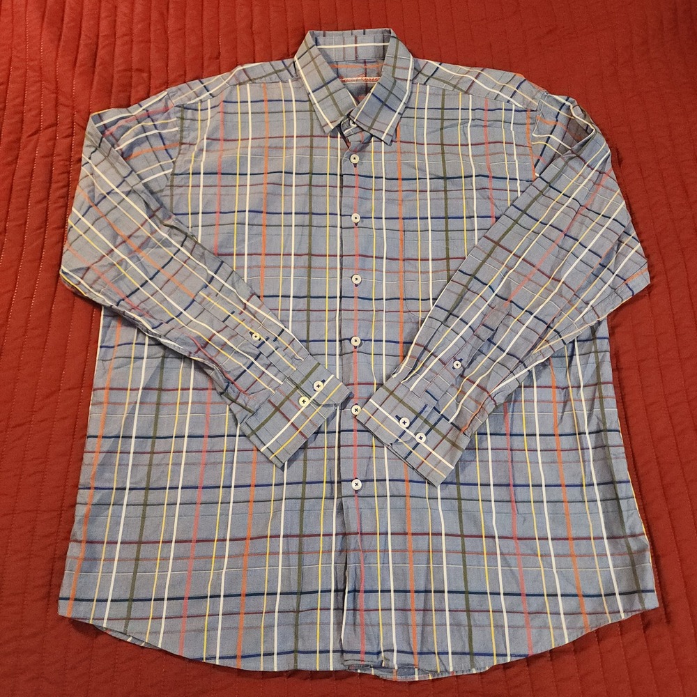 F4 Alan Flusser Mens XL Blue Plaid Button Down Shirt Long Sleeve Cotton RN97939